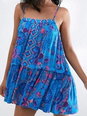 Free People Intimately "Get A Clue" Mini Slip Dress Blue Multi Size Medium NWT